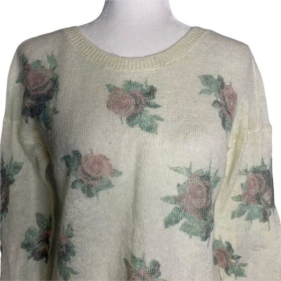 Miss Me Wool Blend Cropped Sweater L Cream Floral Knit Distressed Crew Neck - Picture 2 of 6